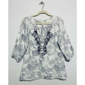 Malvin I Love Linen Top Womens Medium Blue Paisley Floral Embroidered Boho